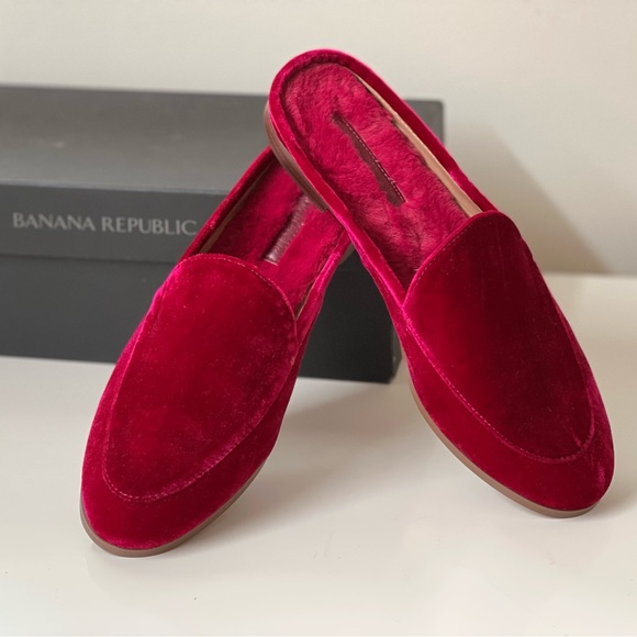 Demi Velvet Loafer Slides Faux fur Banana Republic Bright Magenta Pink Velvet - Picture 2 of 8